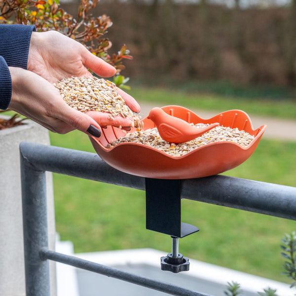 Balkon Voederschaal Balus (terracotta) – Compacte voederschaal met klem voor balkons