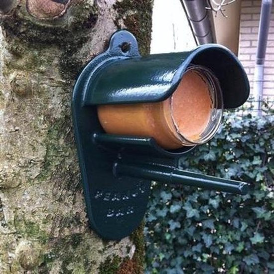 Peanutbar pindkaaspothouder groen – gepoedercoat aluminium houder voor vogelpindakaas (11,5×14,5×21,5 cm) met zitstokje – wandmontage spijker/schroef.