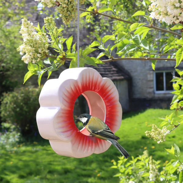 Mangeoire à oiseaux suspendue en céramique motif coquelicot sauvage