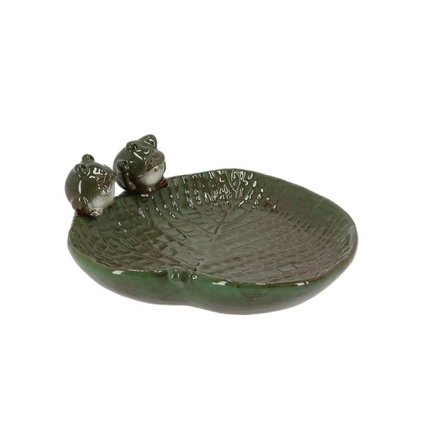 Grenouilles en céramique Birdbath sur feuille