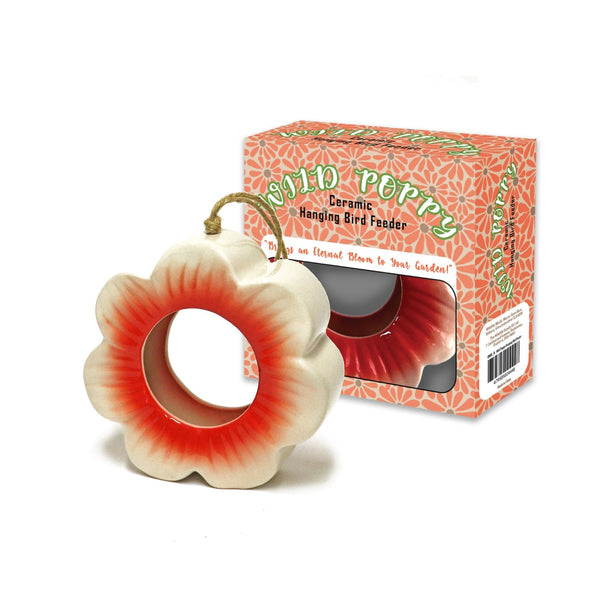 Mangeoire à oiseaux suspendue en céramique motif coquelicot sauvage