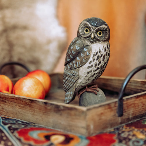 Vogelbeeldje Steenuil – Handgesneden Houten Decoratievogel | DecoBird Wildlife Garden