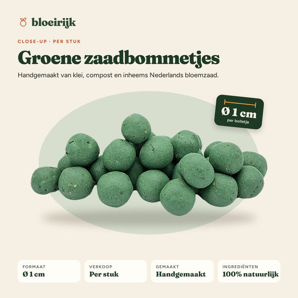 Close-up groene zaadbommetjes, Ø 1 cm