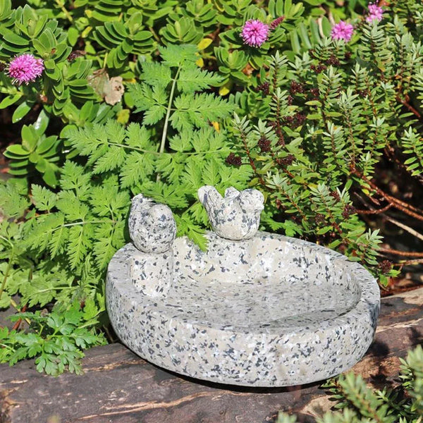 Bain d'oiseaux Fleckstone Wildlife World – Bain d'oiseaux compact en béton avec 2 oiseaux décoratifs (Ø 22 cm)